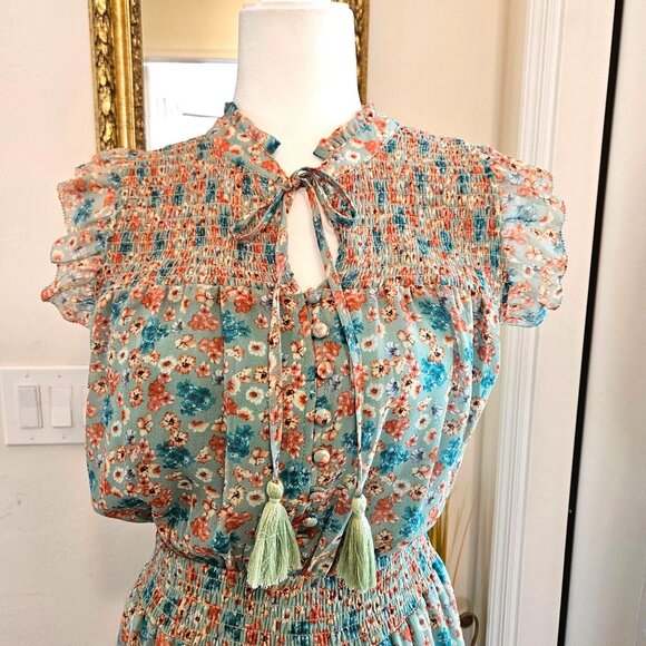 Allison NY Anthropologie Floral Smocked Hazel Cottagecore Maxi Green Dress Small - Picture 2 of 13